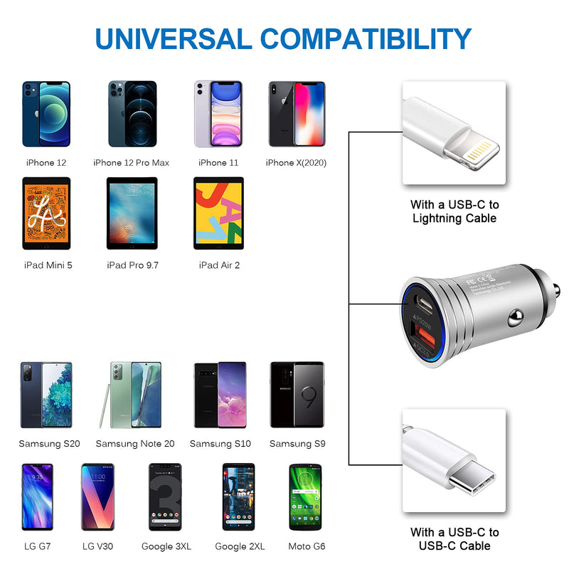 [Australia - AusPower] - USB C Car Charger, Fast Car Charger Adapter for iPhone 13/13 Pro Max/13 Mini/12 11 Pro Max/SE,38W PD+QC Dual Port Type C Cigarette Lighter Car Plug for Samsung S22 S21 S20 A12,Pixel 6 Pro 5 4a 4 3a 3 Silver 