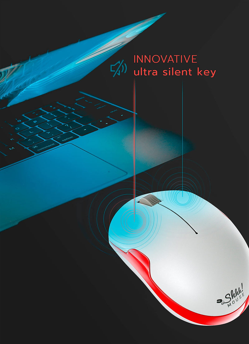 [Australia - AusPower] - ShhhMouse Wireless Silent Noiseless Clickless Mobile Optical Mouse with USB Receiver and Batteries Included, Portable and Compact, for Notebook, PC, Laptop, Chromebook, Computer, MacBook (White/Red) White/Red 