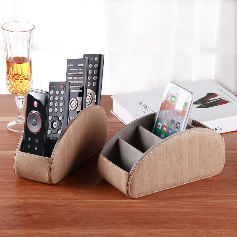 [Australia - AusPower] - Remote Control Holder with 5 Compartments,Leather Remote Caddy/Box/Tray Bedside Table Desk Storage Organizer for DVD, Blu-Ray, Media Player, Heater Controllers and Cosmetics Office Supplies (Wood grain) Wood grain 