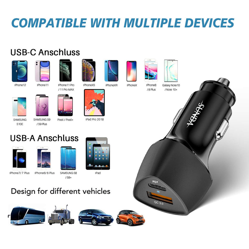[Australia - AusPower] - SUNDA USB C Fast Car Charger 36W Dual Ports PD 18W&QC3.0, Cell Phone Automobile Chargers, for Apple Smart-Phones and Android Car Charger, Compatible with iPhone 12/12 Pro/Max/12 Mini/iPhone 11/Pad 1pack 