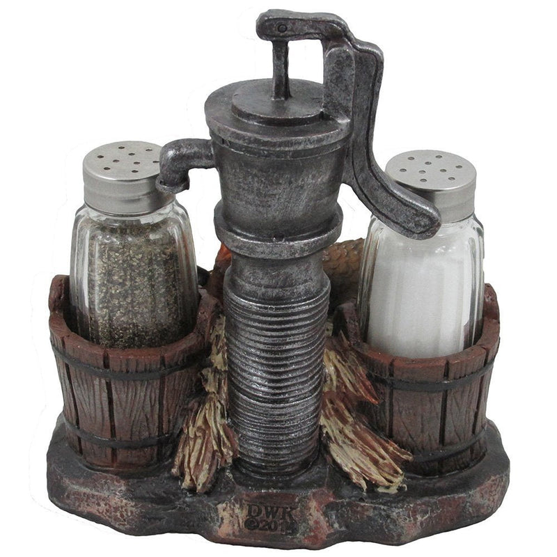 [Australia - AusPower] - Farm Chicken and Old Fashioned Water Pump Glass Salt and Pepper Shaker Set with Holder Figurine in Country Kitchen Rooster Decor, Sculptures and Statues and Rustic Gifts for Farmers 