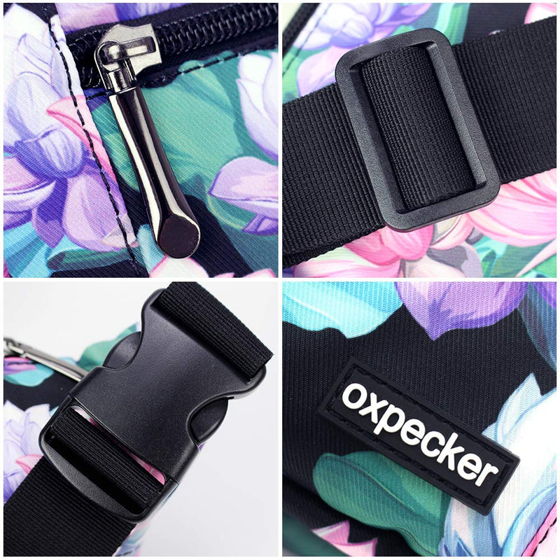 [Australia - AusPower] - Oxpecker Waist Pack Bag with Rain Cover, Waterproof Fanny Pack for Men&Women, Workout Traveling Casual Running Hiking Cycling, Hip Bum Bag with Adjustable Strap for Outdoors (Black Base Floral) Black Base Floral 