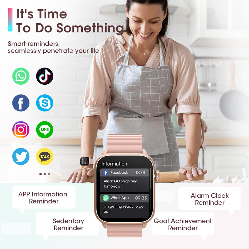 [Australia - AusPower] - Smart Watches for Women(Answer/Make Calls), 1.85'' Bluetooth Smartwatch for Android iPhone, Outdoor Activity Fitness Tracker with Heart Rate/SpO2/Sleep Monitor/Two Bands, IP68 Waterproof Fitness Watch Pink 