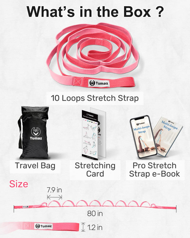 [Australia - AusPower] - Tumaz Stretching Strap - 10 Loops & Non-Elastic Yoga Strap - The Perfect Home Workout Stretch Strap for Physical Therapy, Yoga, Pilates, Flexibility - [Extra Thick, Durable, Soft] Multi-Loop 01. Pink Match 