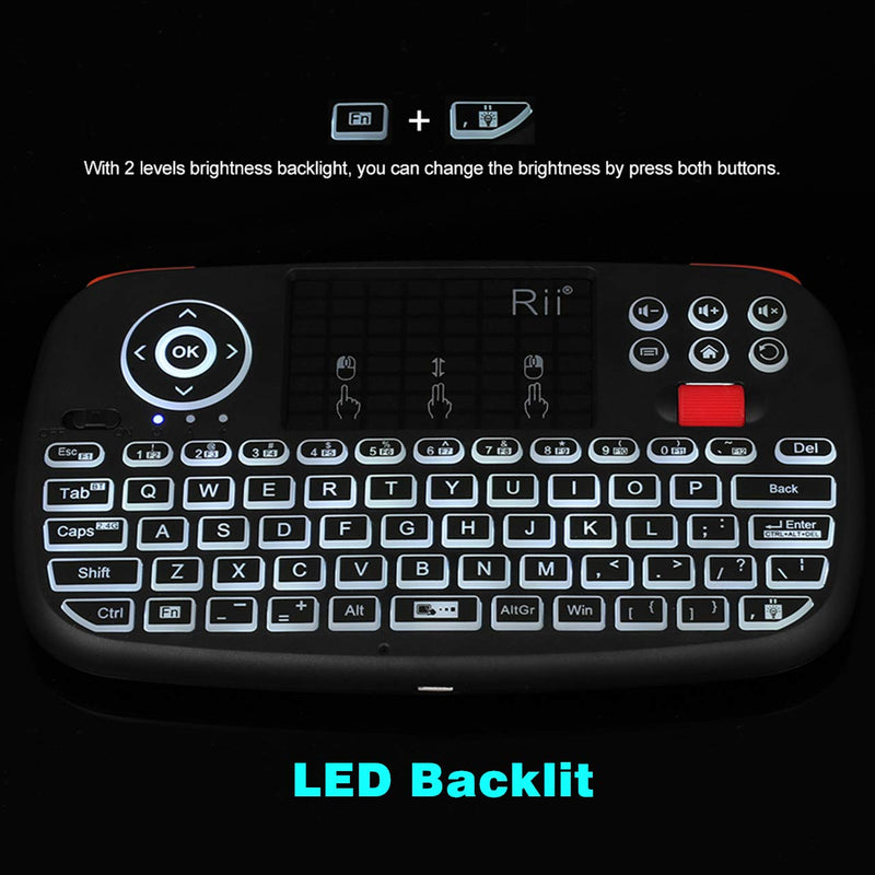[Australia - AusPower] - (Upgrade) Rii i4 Mini Bluetooth Keyboard with Touchpad, Blacklit Portable Wireless Keyboard with 2.4G USB Dongle for Smartphones, PC, Tablet, Laptop TV Box iOS Android Windows Mac.Black Newest Version i4 BT+2.4G 