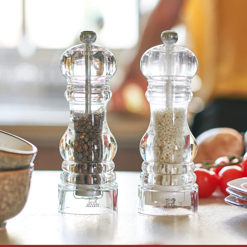 [Australia - AusPower] - Peugeot - Nancy Manual Pepper Mill and Salt Shaker Set - Transparent Adjustable Grinder and Cellar - Acrylic, Clear, 3.5 Inches 