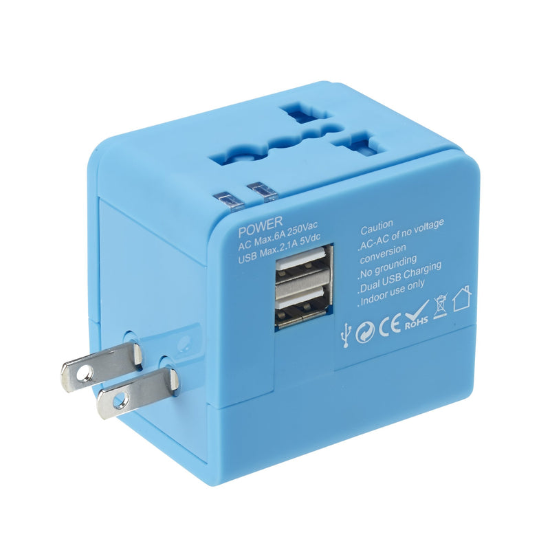 [Australia - AusPower] - Lewis N. Clark Global Wall Adapter + Portable Charger with Dual USB Ports for Standard + Recessed Outlets (over 175 countries) for Cell Phones, Tablets, Laptops, Blue 
