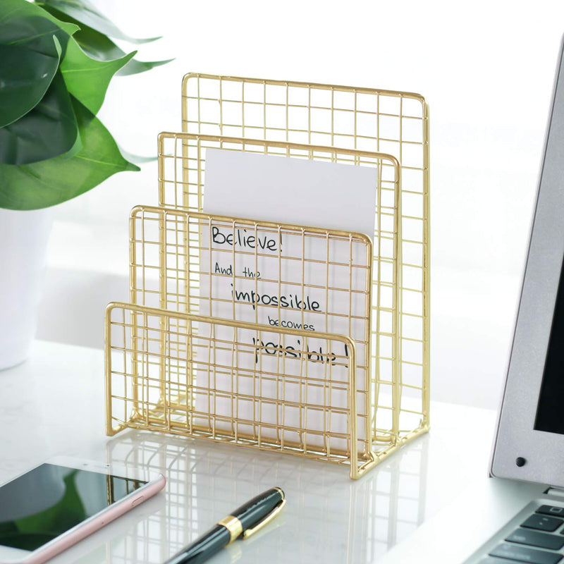 [Australia - AusPower] - Geiornzer 3 Slots Letter Holder, Metal Multifunctional File Holder for Mails, Books, Brochures and Postcards, Desktop Office Organizer Decoration, 5.6” x 3.7” x 7.0” , Gold 