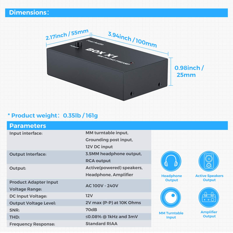 [Australia - AusPower] - Fosi Audio Box X1 Phono Preamp for MM Turntable Mini Stereo Audio Hi-Fi Phonograph/Record Player Preamplifier with 3.5MM Headphone and RCA Output with DC 12V Power Supply 