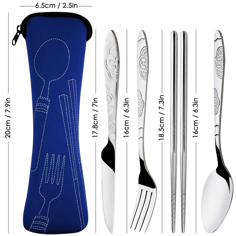 [Australia - AusPower] - SENHAI 8 Pieces Flatware Sets Knife, Fork, Spoon, Chopsticks, 2 Pack Rustproof Stainless Steel Tableware Dinnerware with Carrying Case for Traveling Camping Picnic Working Hiking Dark Blue,Black 