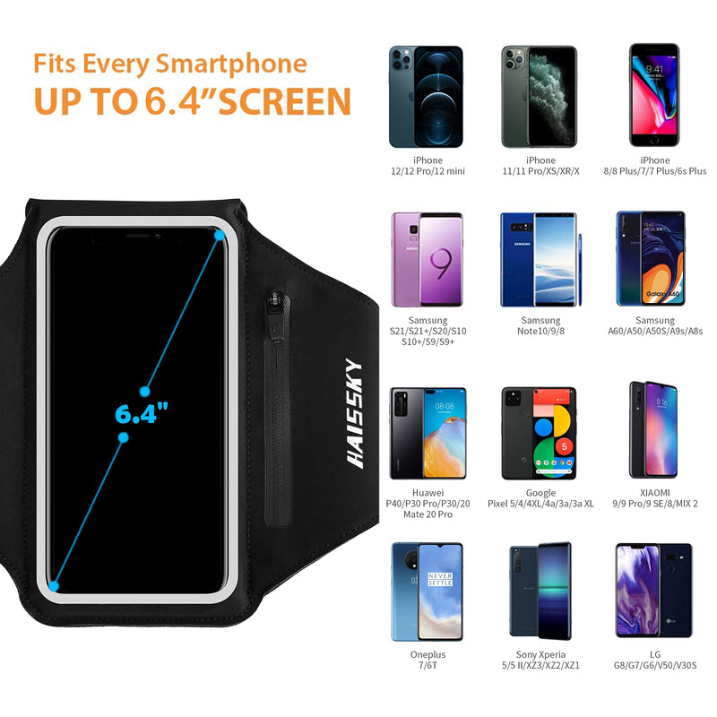 [Australia - AusPower] - HAISSKY Running Armband with Airpods Bag Cell Phone Armband for iPhone 12 Pro/11 Pro/XS/X/8, Galaxy S21/S20/S10, Water Resistant Sports Phone Holder & Zipper Slot Car Key Holder for 6.4 inch Phone Black (Up to 6.4'') 