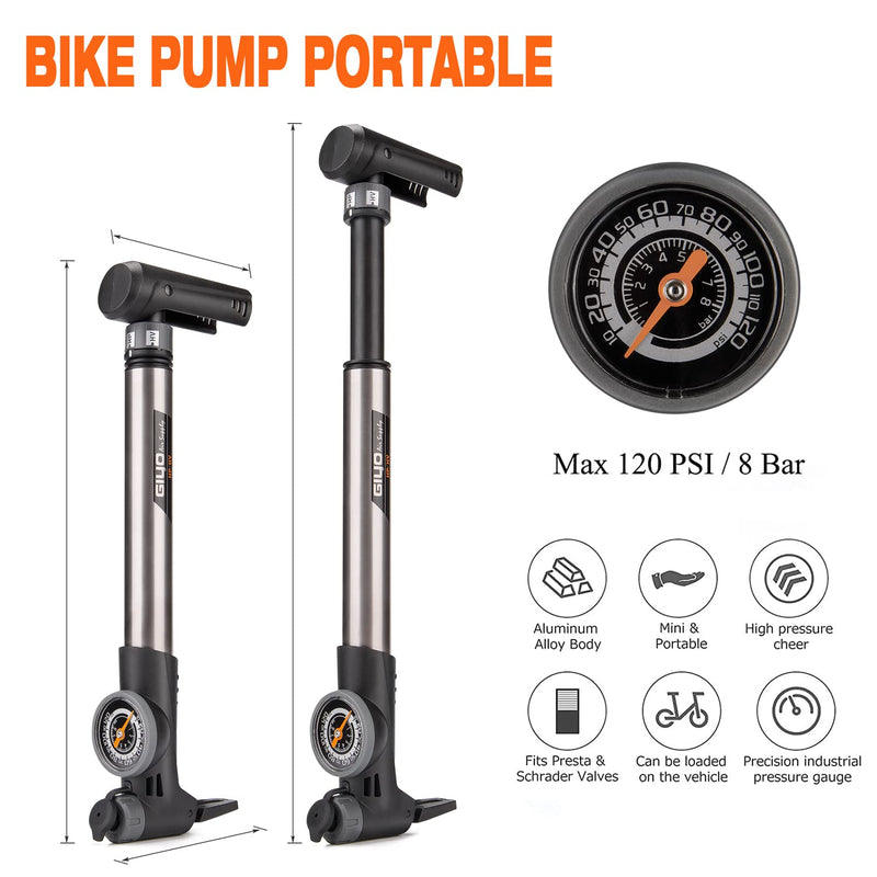 [Australia - AusPower] - Mini Bike Pump with Pressure Gauge - Presta & Schrader Bike Tire Pump - 120 PSI Portable Bicycle Air Pump for Road & Mountain Bike Style:A 