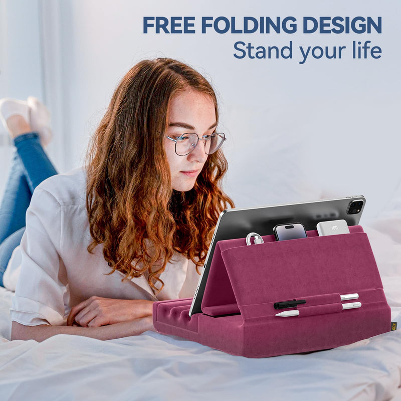 [Australia - AusPower] - Tablet Pillow Holder, KDD Foldable iPad Stand for Lap, Bed and Desk -Tablet Soft Pad Dock with Pocket & Stylus Mount Compatible with iPad Pro 12.9, 10.5, 9.7 Air Mini 6 5 4 3, Kindle, E-Reader, Purple 