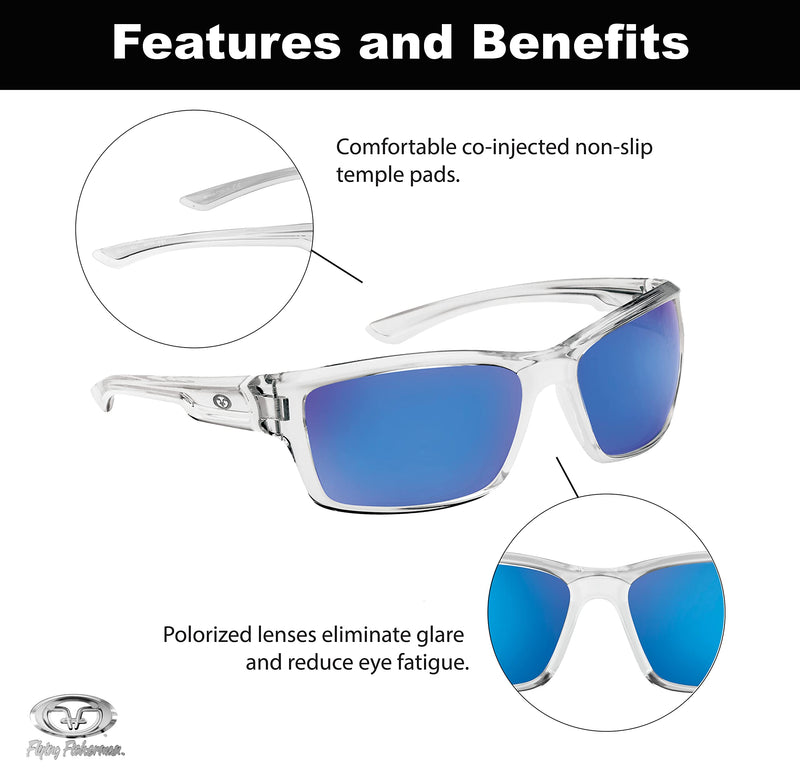 [Australia - AusPower] - Flying Fisherman Cove Polarized Sunglasses with AcuTint UV Blocker for Fishing and Outdoor Sports Clear Crystal Frames/Smoke-blue Mirror Lenses 