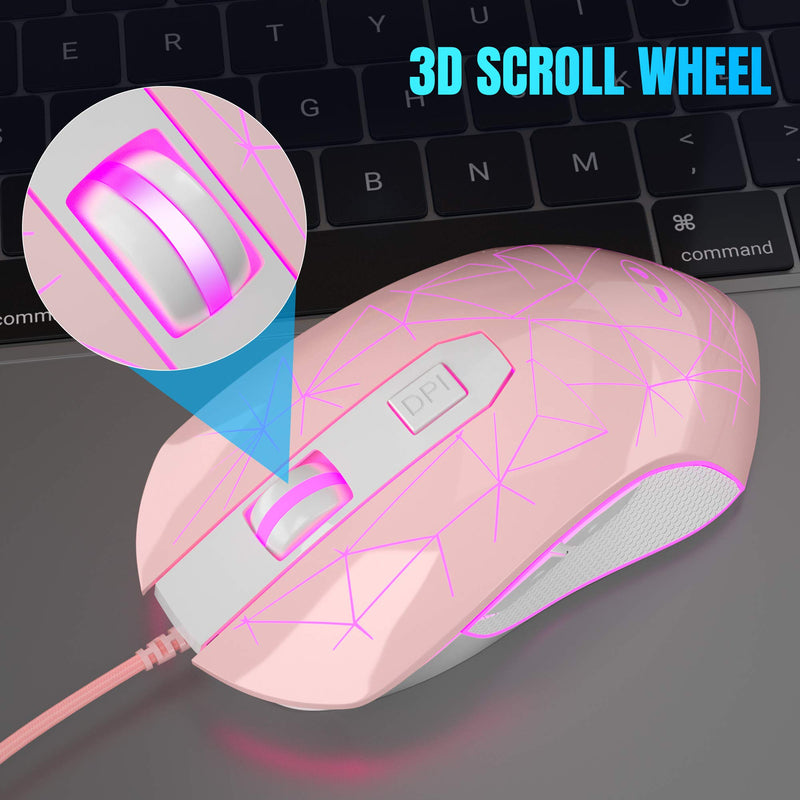 [Australia - AusPower] - MageGee G6 Wired Gaming Mouse, Ergonomic USB Optical Mouse with 7 Colors Breathing LED Backlit, 6 Adjustable DPI Levels from 600 to 3200 for Laptop PC Computer Games & Work, Pink 