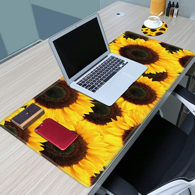 [Australia - AusPower] - Large Gaming Mouse Pad Non-Slip Keyboard Pad Soft Extended Desk Mat Desktop Writing Pad (31.5"×11.8") with Yellow Sunflower Design for Home & Office + Cup Coaster and Cute Stickers 