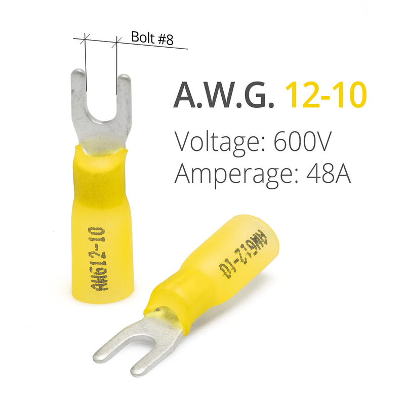 [Australia - AusPower] - Wirefy 90 PCS Heat Shrink Fork Connectors #8 - Marine Grade Fork Terminals - Spade Fork Wire Connectors - Yellow 12-10 Gauge Fork #8 