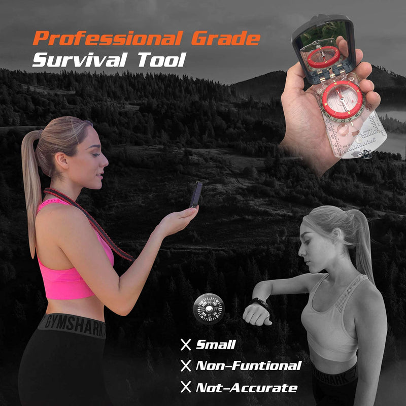 [Australia - AusPower] - Pro Hiking Compass Survival Gear and Equipment – Waterproof, Glow-in-the-Dark with Mirror Sighting – Neck Lanyard with 35-Ft Paracord Rope, Fire Starter Survival Tool, Whistle, Fishing Line 