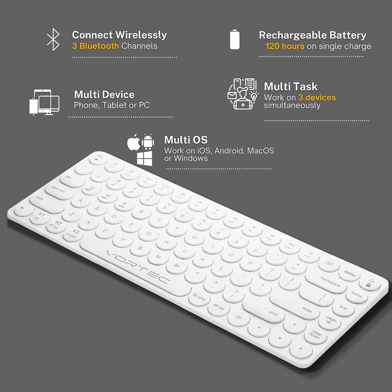 [Australia - AusPower] - Bluetooth Keyboard for iPad, iPhone, Android, Apple, Windows – Streamlined, Compact Multi Device Keyboard – Ergonomic Bluetooth Wireless Keyboard for Mac, PC – Computer Keyboard Bluetooth by Vortec 