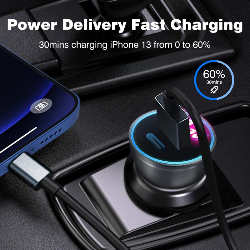 [Australia - AusPower] - USB C Car Charger with Voltage Display, 42W Metal Fast Charging Type C Car Charger for iPhone 13, PD+QC3.0 Dual Port Car Charger Adapter for Samsung S21/S20 Ultra/iPhone 13 12 Pro Max/Google Pixel Silver 