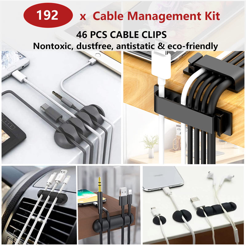[Australia - AusPower] - Cord Management Organizer Kit 4 Cable Sleeve Split with 41Self Adhesive Cable Clips Holder, 10pcs and 2 Roll Self Adhesive tie and 100 Fastening Cable Ties for TV Office Car Desk Home Nightstand 