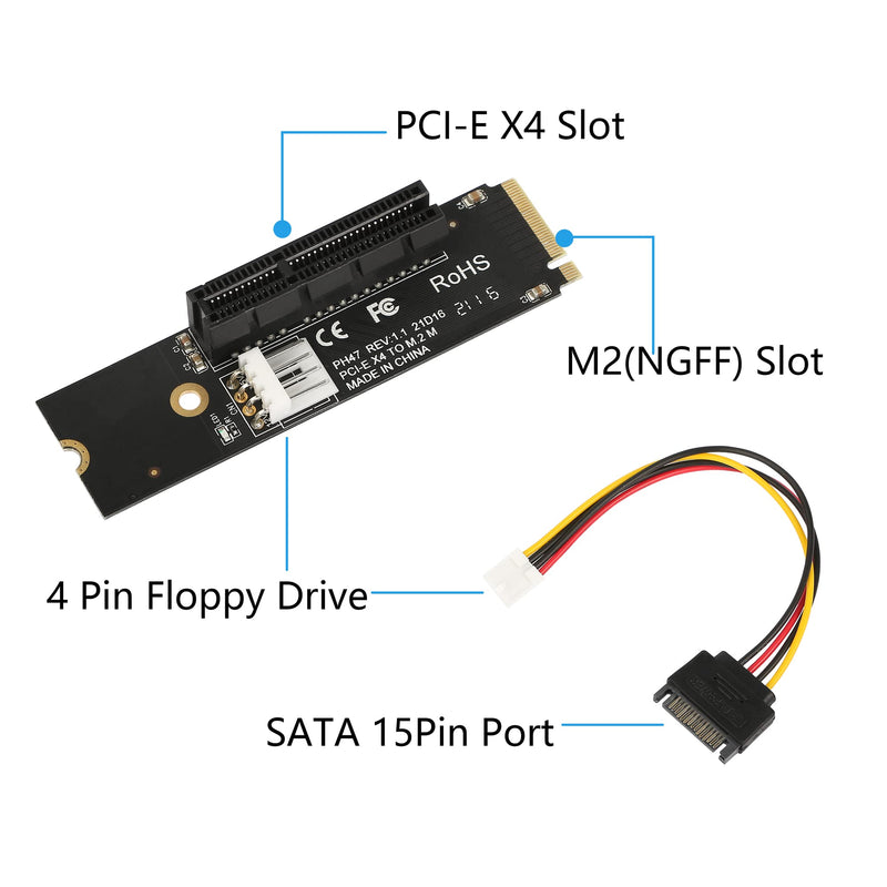 [Australia - AusPower] - GELRHONR NGFF M.2 to PCI-E 4X 1X Riser Card,M.2 Key M 2260 2280 SSD Port to PCIE Adapter with LED Indicator SATA 15pin Power Riser for Bitcoin Miner Mining-Black 