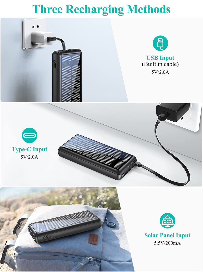 [Australia - AusPower] - Portable Charger 36800mAh, LENGSUM Power Bank Solar Charger with 2 Output Ports, Built-in 2 Durable Cables, External Battery Pack for Cellphone and Tablet 