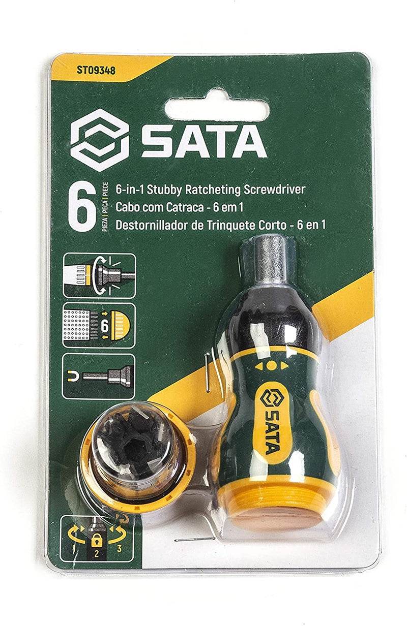 [Australia - AusPower] - SATA 6-Piece Stubby Ratcheting Screwdriver Set with Three Ratcheting Settings and a Green and Yellow Storage Handle - ST09348 6-piece set 