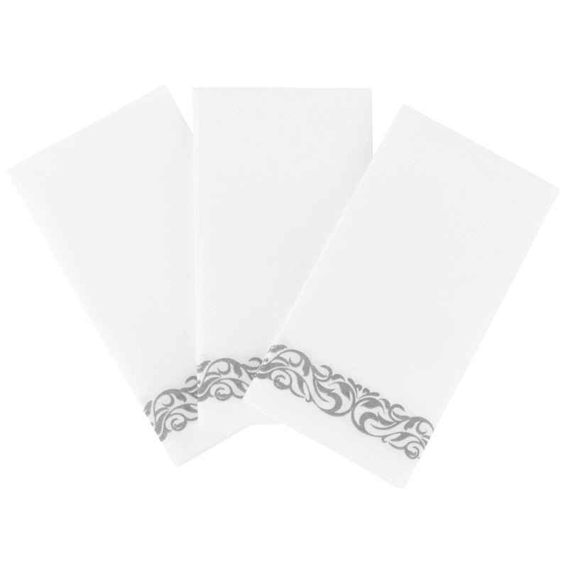 [Australia - AusPower] - PARTY BARGAINS Disposable Linen-Feel Paper [100 Pack] White with Silver lace Guest Towels. Durable & Decorative Cloth-Like Soft Bathroom Hand Napkins for Dinner, Wedding or Cocktail Party 13x16 Inch (Pack of 100) 