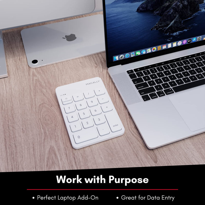 [Australia - AusPower] - Macally Bluetooth Number Pad for Laptop, Apple, Mac, iMac, MacBook Pro/Air, Ipad, Windows PC, Tablet, or Desktop Computer - Rechargeable 18 Key Wireless Numeric Keypad - White Bluetooth 10 Key Numpad 