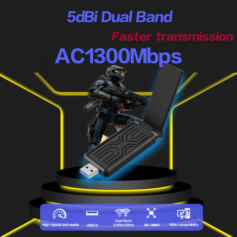 [Australia - AusPower] - USB WiFi Adapter,PC WiFi Adapter,WiFi Adapter for Desktop PC,AC1300Mbps Long Range,Dual-Band 5dBi High Gain Antenna,USB 3.0,2.4GHz/5GHz,Support Windows 11/10/8.1/8/7/XP,Mac OS 10.9-10.15 
