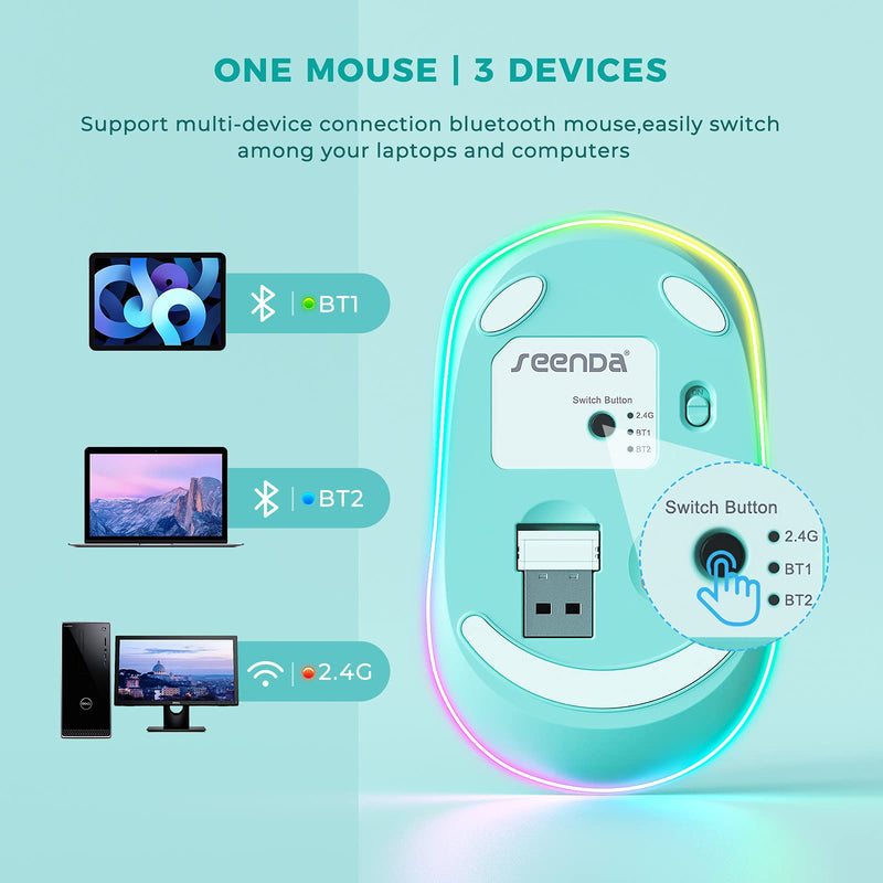 [Australia - AusPower] - seenda Bluetooth Mouse, Ultra Quiet Rechargeable Light Up Wireless Mouse (Bluetooth 3.0/5.0+USB) with LED Rainbow Lights for Computer Laptop Notebook Chromebook Mac Windows, Mint Mint Mouse for Kids 