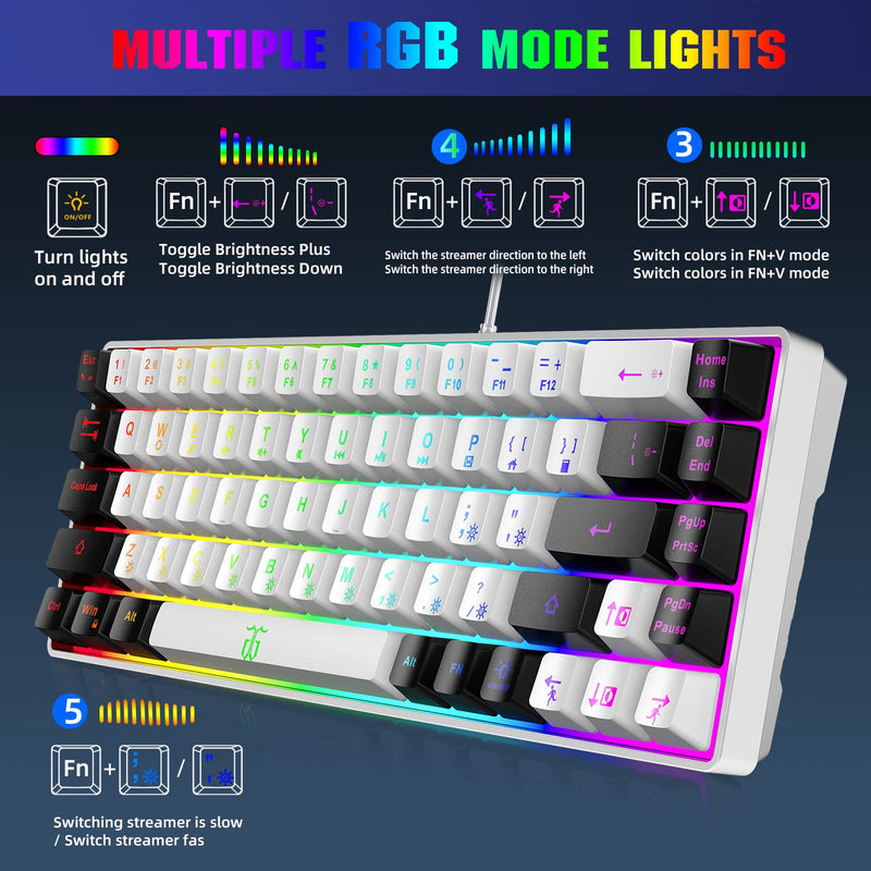 [Australia - AusPower] - Snpurdiri 60% Gaming Keyboard, RGB Backlit Mini Keyboard,Built-in Steel Plate, Membrane Keyboard but Super Mechanical Feel for Windows PC Gamers(68 Keys,White-Black) White Black 