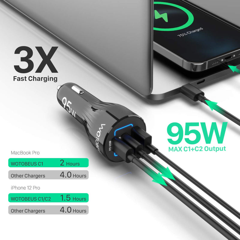 [Australia - AusPower] - USB C Car Charger Adapter 95W, WOTOBEUS 65W Type C PD 30W PPS 45W Super Fast Charging QC 18W Cigarette Lighter for iPhone 13 12 11 Pro Max Mini Samsung 5G S21 Ultra Note 20 iPad MacBook Laptop 