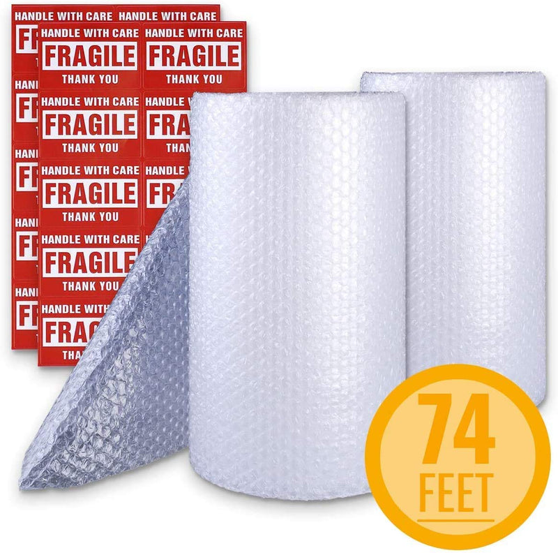 [Australia - AusPower] - Bubble Cushioning Wrap Roll 2 Pack 3/16" Air Bubble 12 Inch x 74 Feet Total, Perforated Every 12 Inch with 20pcs Fragile Stickers Packing Supplies for Heavy-Duty Moving Shipping Clear 