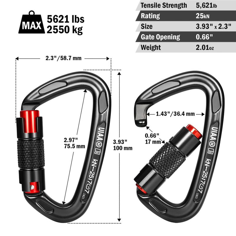[Australia - AusPower] - FresKaro UIAA Certified 25KN Auto Locking Climbing Carabiner Clips,Twist Lock and Heavy Duty Carabiners for Rock Climbing, Rappelling and Mountaineering, D Shaped 3.93 Inch, Large Size, Black 