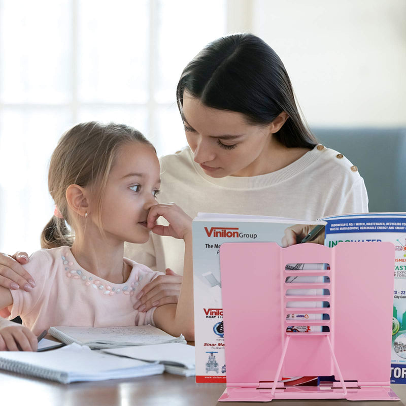 [Australia - AusPower] - Blizzow Desk Book Stand Holders for Reading Hands Free, Durable Metal Adjustable Book Stand, Sturdy Lightweight Foldable Portable Bookstand -Cookbook, Recipe, Tablet, Music Book, Documents (Pink) Pink 