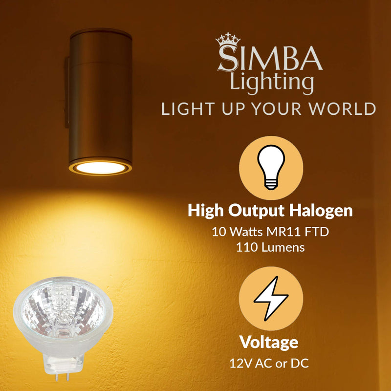 [Australia - AusPower] - Simba Lighting 10 Watt 12 Volt MR11 Halogen Spotlight Bulbs (2 Pack) 2-Pin 110lm 30° Beam Angle for Accent, Track Light, and Fiber Optics, GU4 Bi-Pin Base, Glass Cover, Warm White 2700K Dimmable 