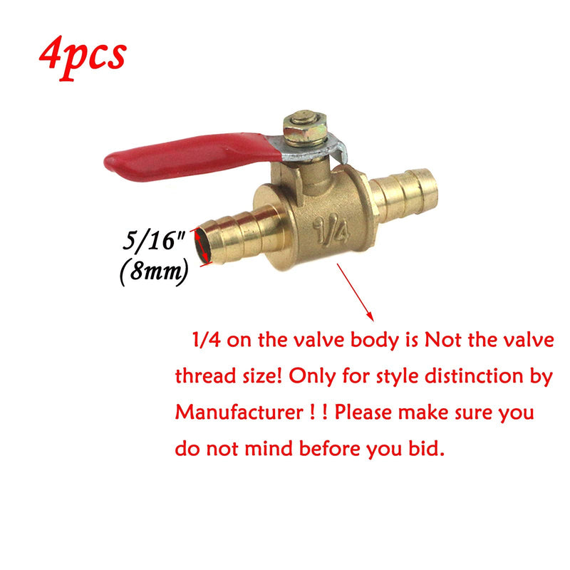 [Australia - AusPower] - Antrader 4 Pcs Forged Brass Ball Valve Mini Shut Off Switch with 180 Degree Operation Handle, 5/16" Hose Barb x 5/16" Hose Barb, Pipe Tubing Fitting 5/16" x 5/16" Regular, Red handle 