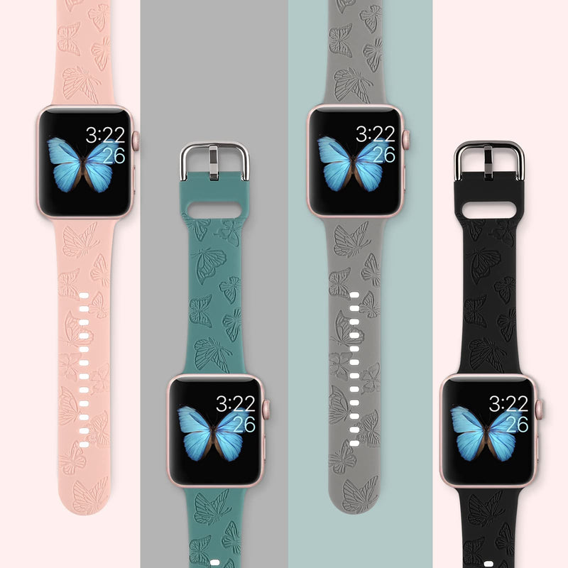 [Australia - AusPower] - Butterflies Engraved Sport Strap Compatible with Apple Watch Band 38mm 40mm 41mm 42mm 44mm 45mm, Skull Floral Laser Printed Soft Silicone Sport Strap Compatible with iWatch Series 7 6 5 4 3 2 1 SE Butterfly-Black/PinkSand/Stone/Pine Green 42mm/44mm/45mm 