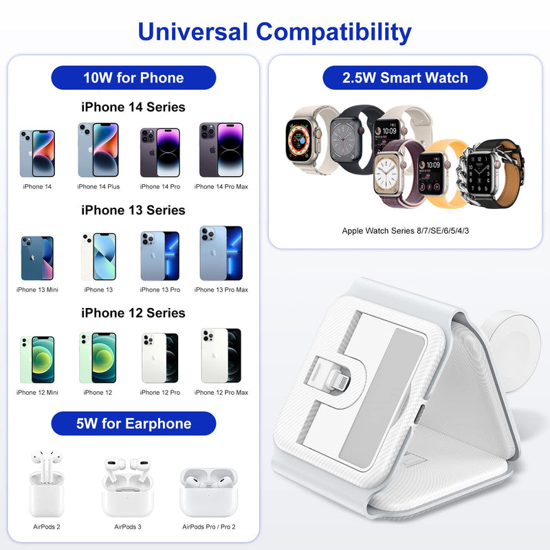 [Australia - AusPower] - Wireless Charger 3 in 1, iPhone Wireless Charger, Foldable Wireless Travel Charging Station Multiple Devices, Fast Charging for iPhone 14/13/12/11 Pro/Max,iWatch,AirPods 3/2/Pro(Adapter Includes) White 3 in 1+adapter with 3ft cable 