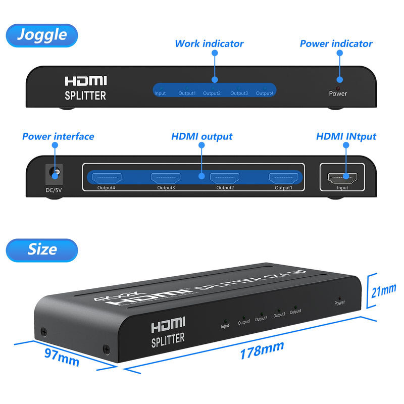 [Australia - AusPower] - HDMI Splitter 1 in 4 out-4K HDMI Splitter 1x4 HDMI Splitter for Multi-Screen Display, 4Kx2K@30Hz&3D Full HD 5V/1A Power HDMI Splitter, Suitable for Office teaching/PS4/HDTV/Store 