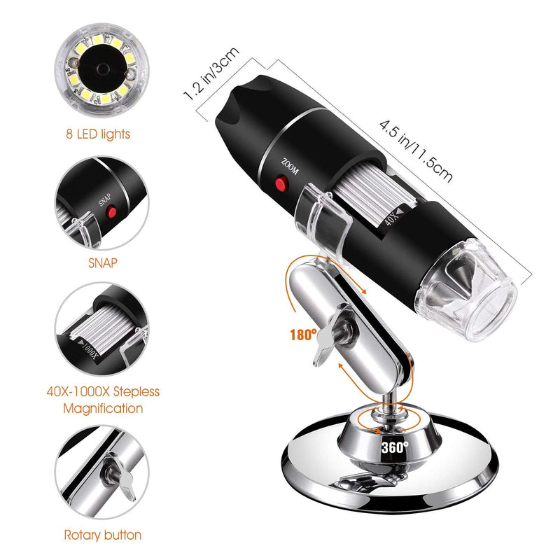 [Australia - AusPower] - Bysameyee USB Digital Microscope 40X to 1000X, 8 LED Magnification Endoscope Camera with Carrying Case & Metal Stand, Compatible for Android Windows 7 8 10 11 Linux Mac 