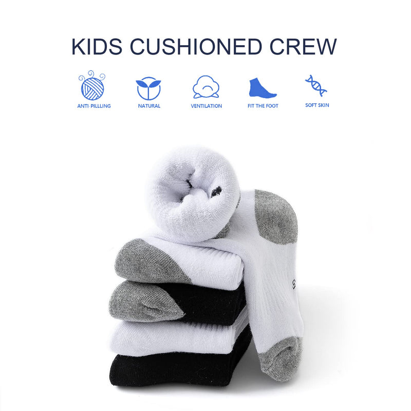 [Australia - AusPower] - Kids Boys/Girls' Cushioned Crew Socks Thick Cotton Athletic Socks 6 Pack 4-14 Years 4-6 Years Black+white,6 Pack 