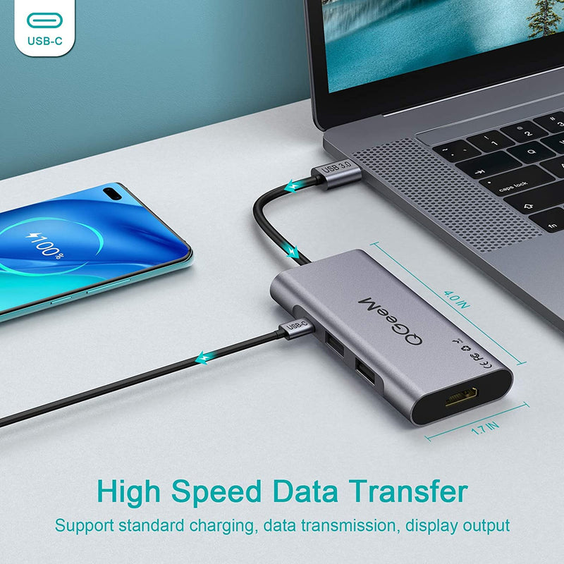 [Australia - AusPower] - QGeeM 7 in 1 USB 3.0 Data Hub Adapter in Aluminum Dongle with USB to HDMI Adapter 1080p Output,3 USB Ports,USB-C Data Port,SD/Micro Card Reader, Compatible with Windows, Mac, Android 