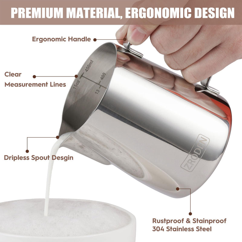 [Australia - AusPower] - Milk Frothing Pitcher, 15oz 450ml Espresso Steaming Pitchers Stainless Steel Cappuccino Coffee Machine Accessories Barista Tools, Steamer Froth Pitchers Milk Jug Cup with Decorating Pen Latte Art 