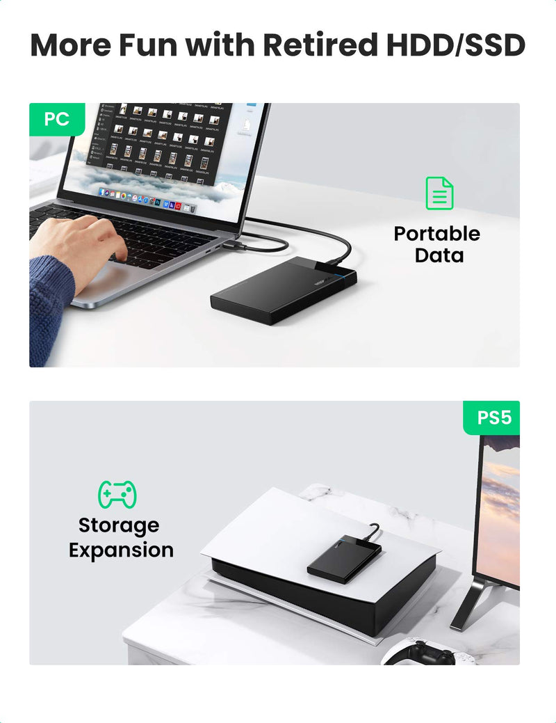 [Australia - AusPower] - UGREEN 2.5" Hard Drive Enclosure USB C 3.1 Gen 2 to SATA III 6Gbps for SSD HDD 9.5 7mm External Hard Drive Disk Case with UASP Compatible with WD Seagate Toshiba Samsung Hitachi PS4 Xbox Router 