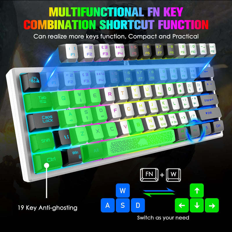 [Australia - AusPower] - ZIYOU LANG K61 60% Gaming Keyboard Mini Portable with Rainbow RGB Backlit Compact Ergonomic 62Key Layout Anti-ghosting Mechanical Waterproof Wired for PC Mac Windows Gamer Laptop Typists(White+Black) White+Black 