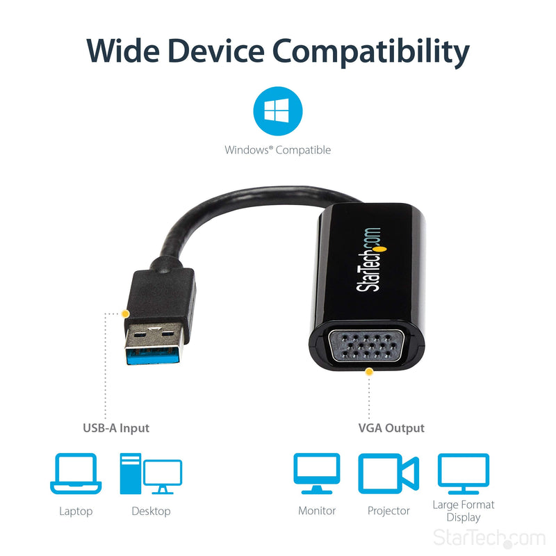 [Australia - AusPower] - StarTech.com USB 3.0 to VGA Adapter - Slim Design - 1920x1200 - External Video & Graphics Card - Dual Monitor Display Adapter - Supports Windows (USB32VGAES) 