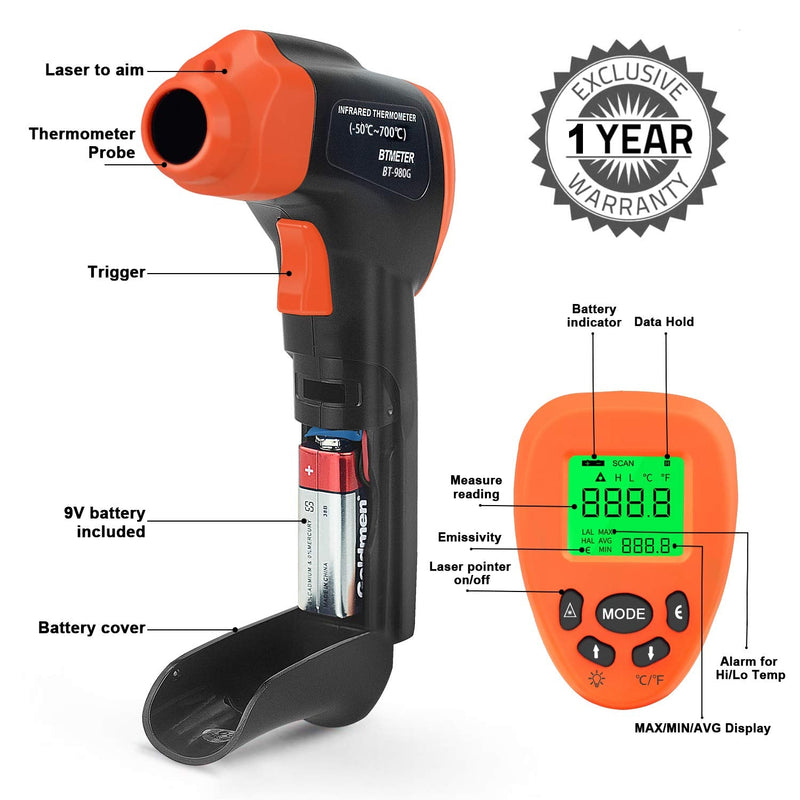 [Australia - AusPower] - Non-Contact Digital Infrared Thermometer-BTMETER 980G High IR Laser Temp Gun for Kitchen Cooking Grilling Automotive with 16:1 of Distance Spot Ratio Backlit(-58℉-1292℉)(NOT for Human Temp) 